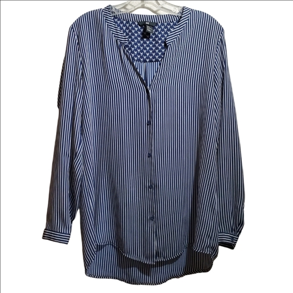 H&M Button-down Blouse Navy Blue & White Striped Mandarin Collar Long Sleeve EUC - Picture 1 of 8